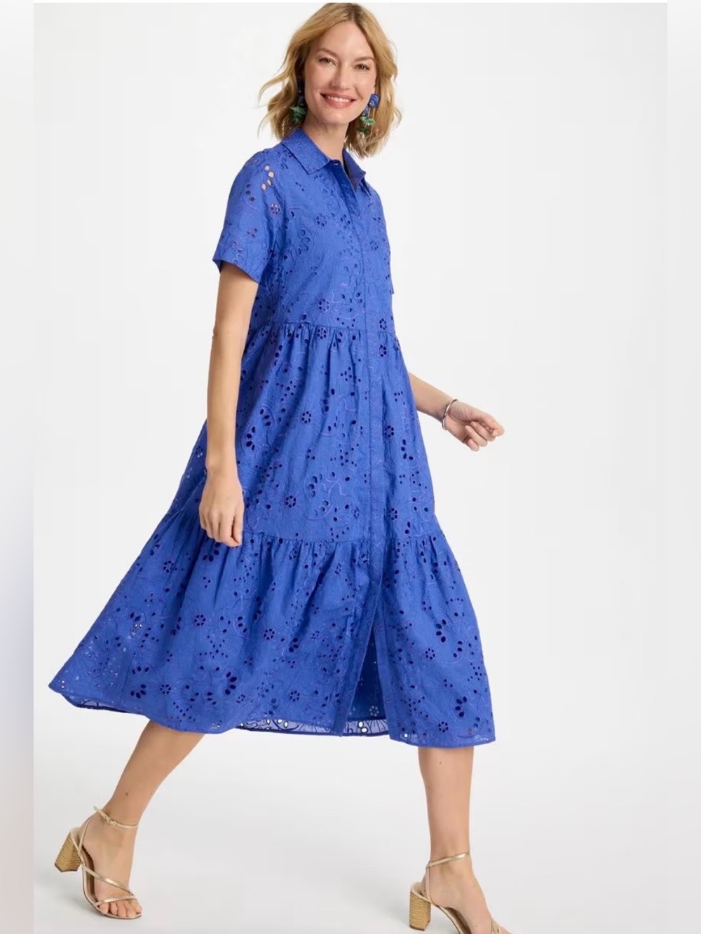 Women’s Chico’s 3.5 size 18 blue eyelet tiered button midi dress - Picture 2 of 8